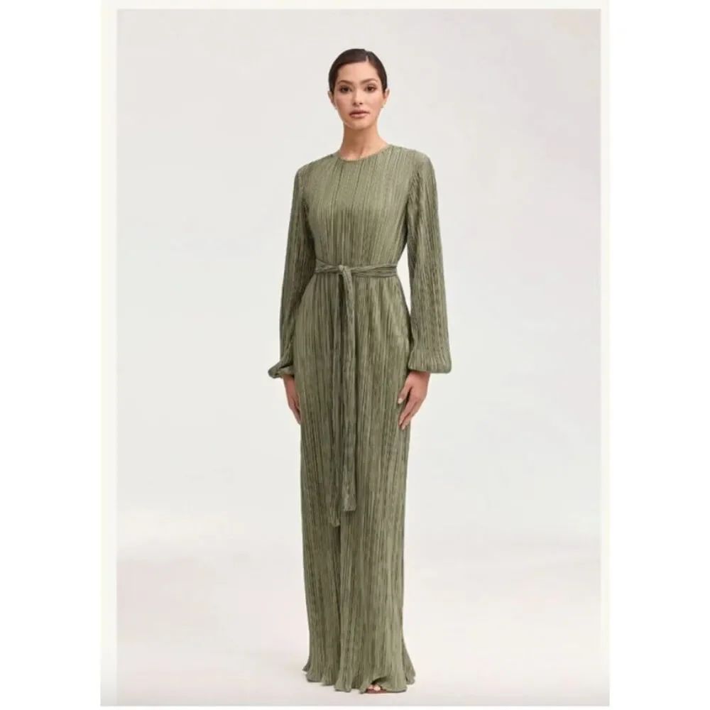 Veiled crepe modest pleated satin plisse formal maxi dress